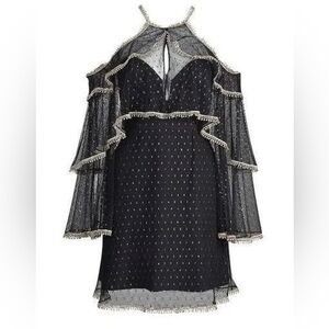 L'atiste strapless mini dress sheer mesh bolero cape shrug black gold M NWT